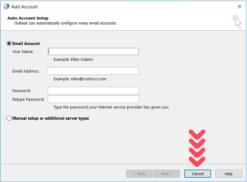 control panel mail setup new email account cancel
