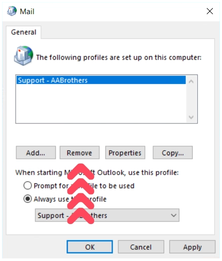 control panel mail setup remove profile
